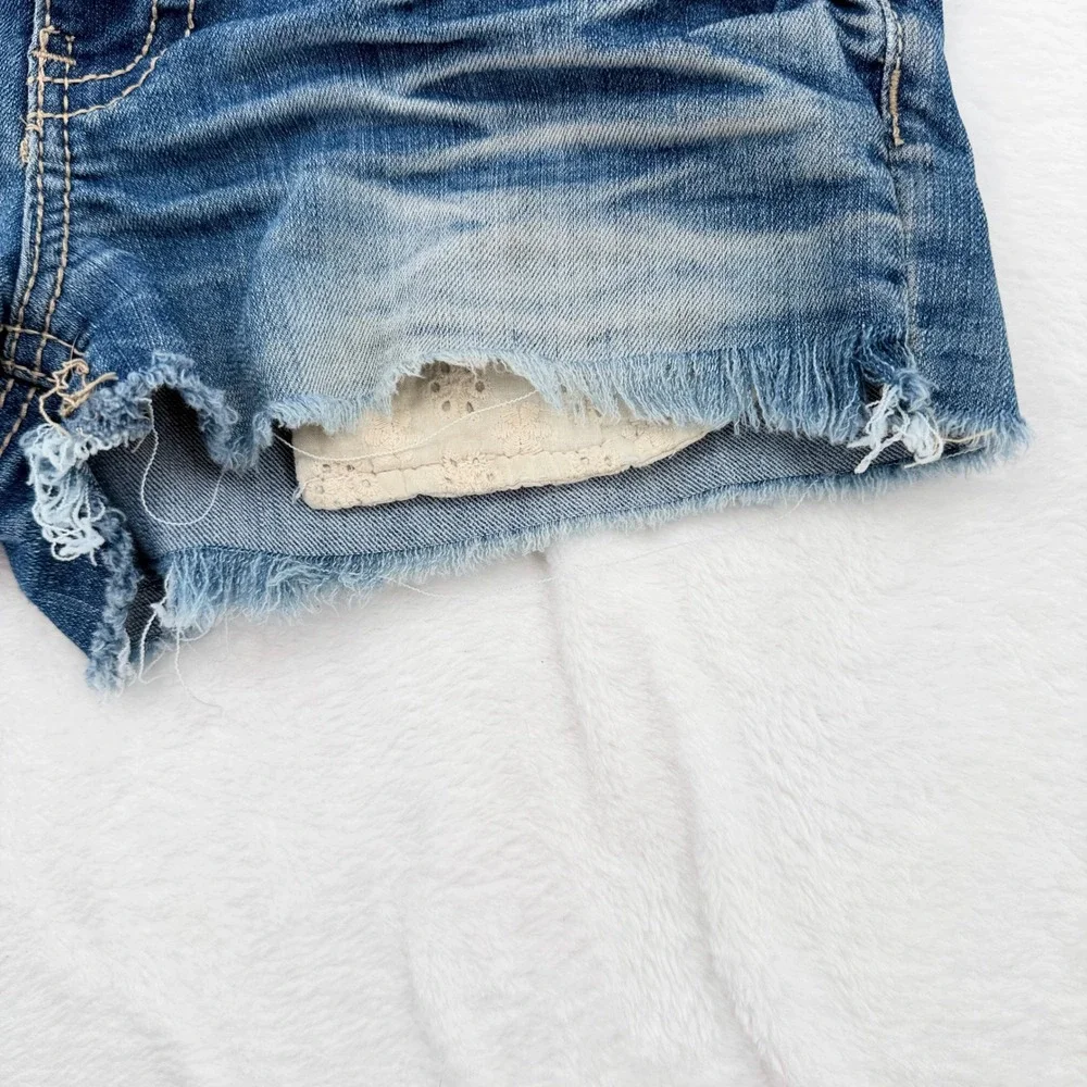 Forever 21 Crochet Denim Shorts Cutoff Distressed High Rise Festival Coquette 29